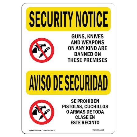 Signmission OSHA Security Sign, 7" Height, 10" Width, Rigid Plastic, Knives Weapons Banned Bilingual, Landscape OS-SN-P-710-L-11555